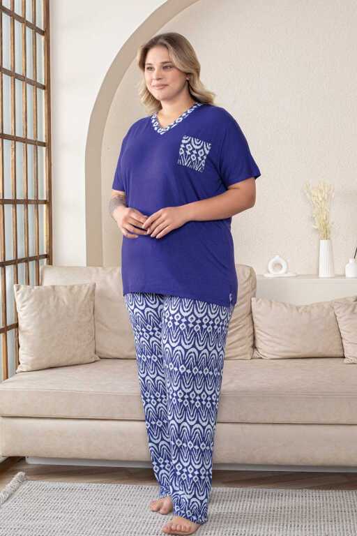 Büyük Beden Kadın Pijama Takımı - Saks Mavi V Yaka Kısa Kollu Likralı Kumaş 2824KYB - 3