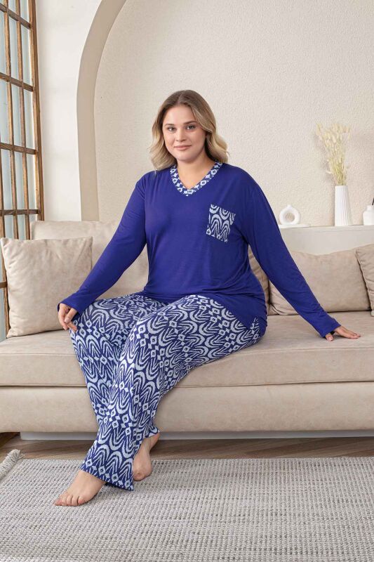 Büyük Beden Kadın Pijama Takımı - Saks Mavi V Yaka Uzun Kollu Likralı Kumaş 2824UYB - 5