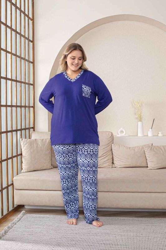 Büyük Beden Kadın Pijama Takımı - Saks Mavi V Yaka Uzun Kollu Likralı Kumaş 2824UYB - 1