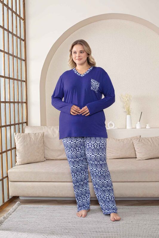 Büyük Beden Kadın Pijama Takımı - Saks Mavi V Yaka Uzun Kollu Likralı Kumaş 2824UYB - 3