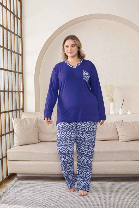 Büyük Beden Kadın Pijama Takımı - Saks Mavi V Yaka Uzun Kollu Likralı Kumaş 2824UYB - 4