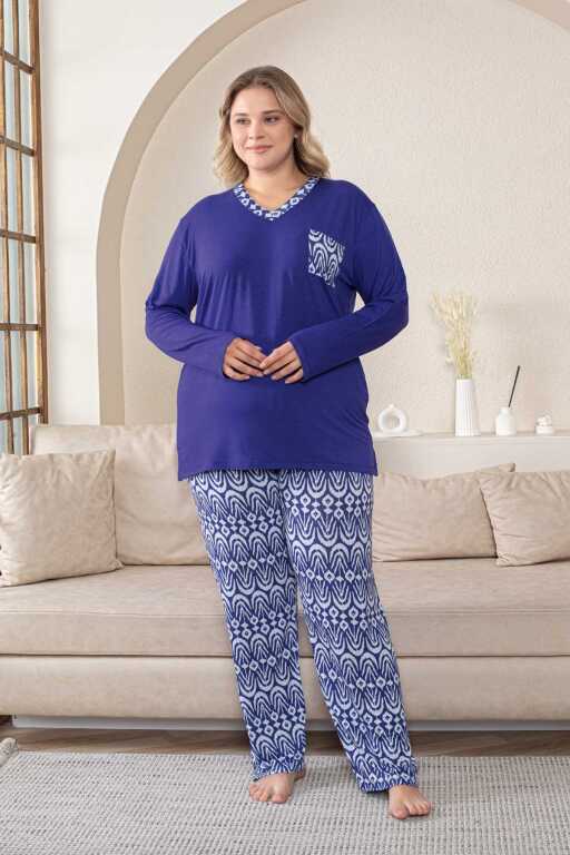 Büyük Beden Kadın Pijama Takımı - Saks Mavi V Yaka Uzun Kollu Likralı Kumaş 2824UYB - 3