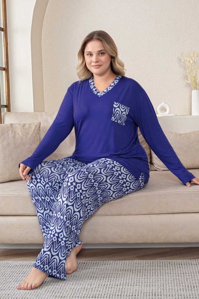 Büyük Beden Kadın Pijama Takımı - Saks Mavi V Yaka Uzun Kollu Likralı Kumaş 2824UYB - 2