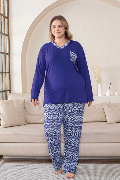 Büyük Beden Kadın Pijama Takımı - Saks Mavi V Yaka Uzun Kollu Likralı Kumaş 2824UYB - Alimer