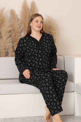 Büyük Beden Kadın Pijama Takımı - Siyah Çiçek Desen Uzun Kollu Likralı Pamuk 2882UKB - 4