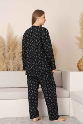 Büyük Beden Kadın Pijama Takımı - Siyah Çiçek Desen Uzun Kollu Likralı Pamuk 2882UKB - 5