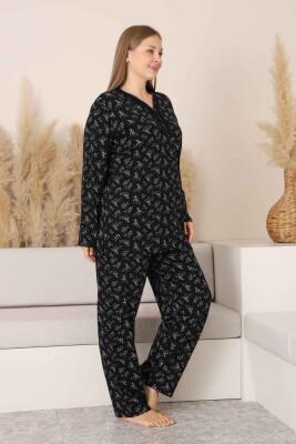 Büyük Beden Kadın Pijama Takımı - Siyah Çiçek Desen Uzun Kollu Likralı Pamuk 2882UKB - 2