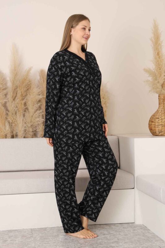 Büyük Beden Kadın Pijama Takımı - Siyah Çiçek Desen Uzun Kollu Likralı Pamuk 2882UKB - 2