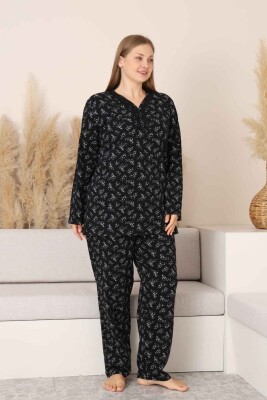 Büyük Beden Kadın Pijama Takımı - Siyah Çiçek Desen Uzun Kollu Likralı Pamuk 2882UKB - 3