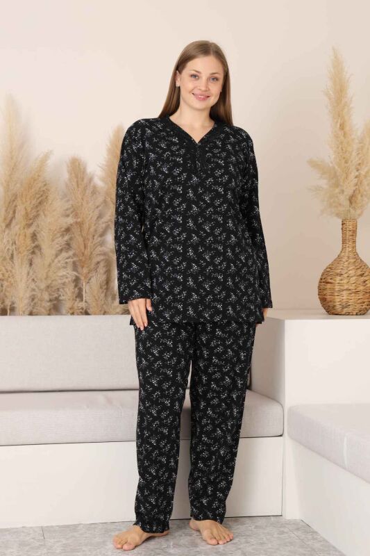 Büyük Beden Kadın Pijama Takımı - Siyah Çiçek Desen Uzun Kollu Likralı Pamuk 2882UKB - 1