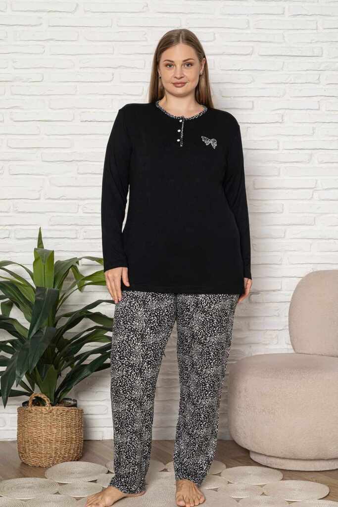 Büyük Beden Kadın Pijama Takımı - Siyah Etnik Desen Uzun Kol Likralı Kumaş 2921UYB - 4