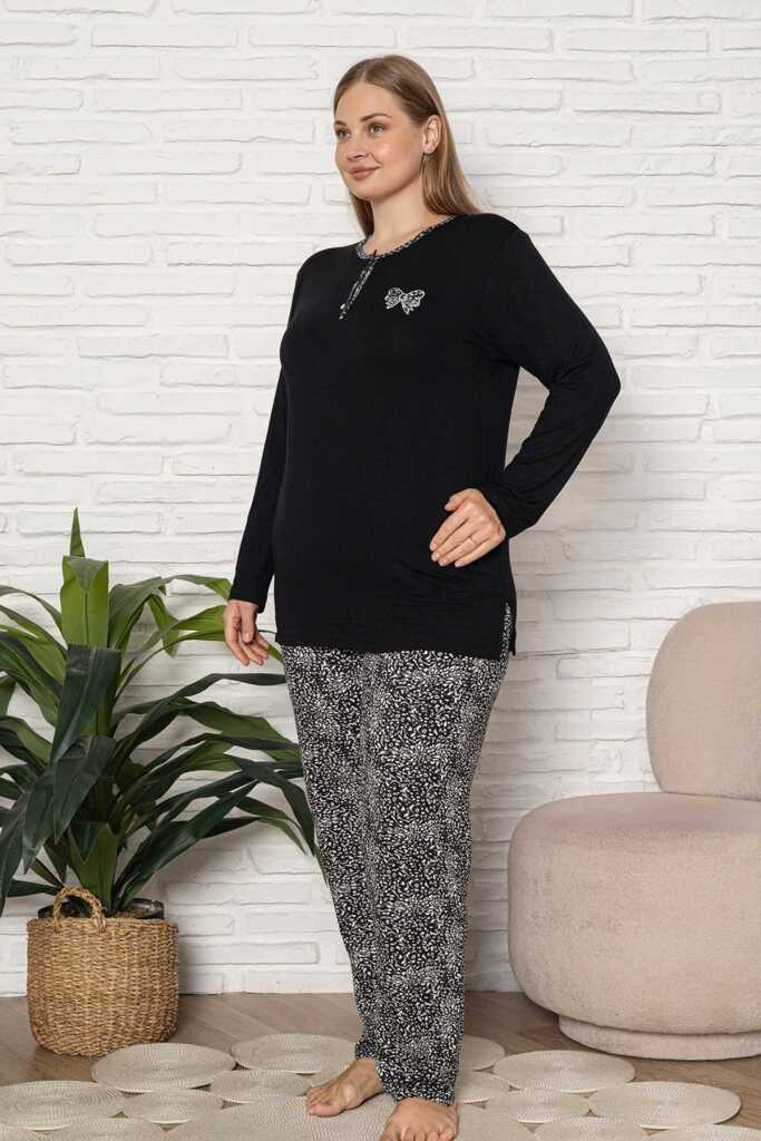 Büyük Beden Kadın Pijama Takımı - Siyah Etnik Desen Uzun Kol Likralı Kumaş 2921UYB - 3