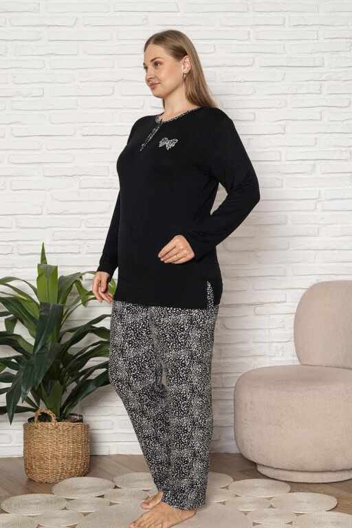 Büyük Beden Kadın Pijama Takımı - Siyah Etnik Desen Uzun Kol Likralı Kumaş 2921UYB - 2