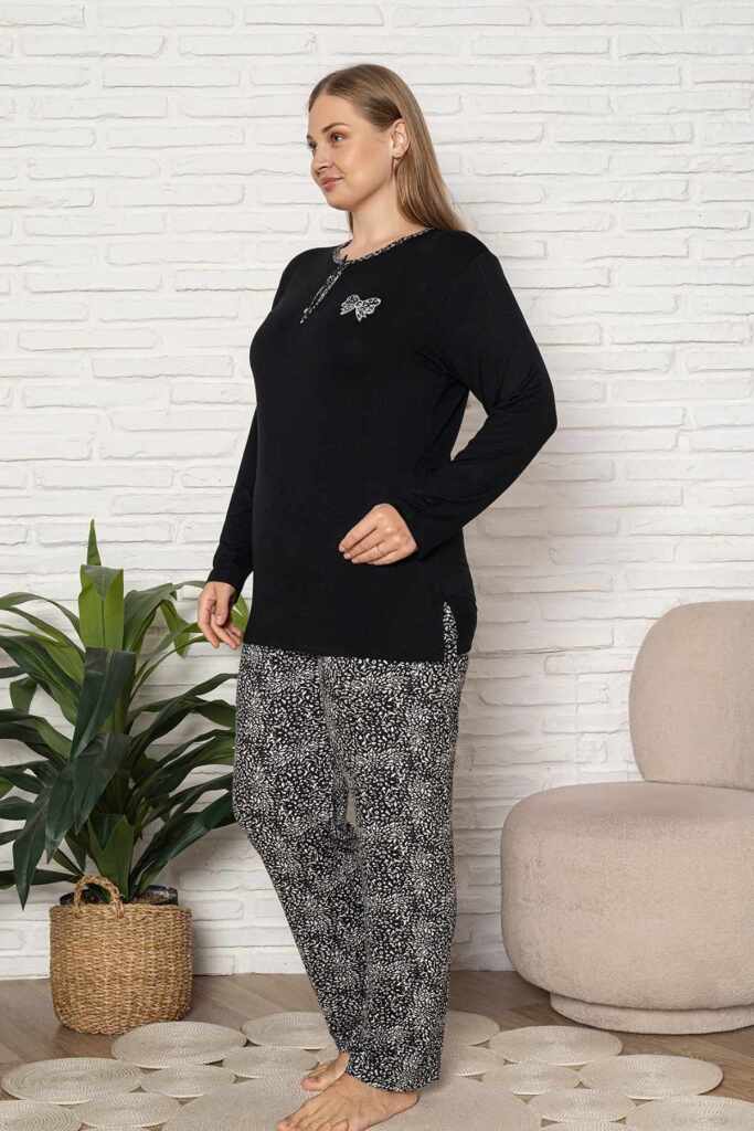 Büyük Beden Kadın Pijama Takımı - Siyah Etnik Desen Uzun Kol Likralı Kumaş 2921UYB - 2