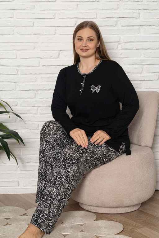 Büyük Beden Kadın Pijama Takımı - Siyah Etnik Desen Uzun Kol Likralı Kumaş 2921UYB - Alimer