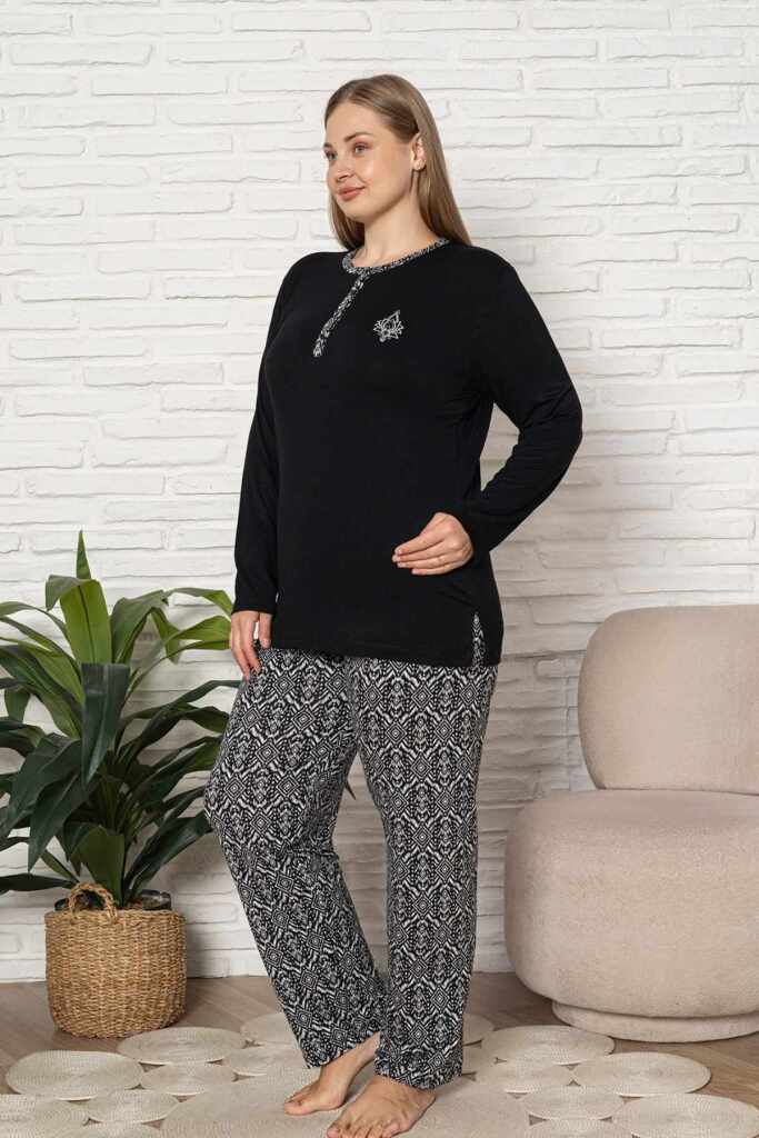 Büyük Beden Kadın Pijama Takımı - Siyah Etnik Desen Uzun Kol Likralı Kumaş 2923UYB - 3
