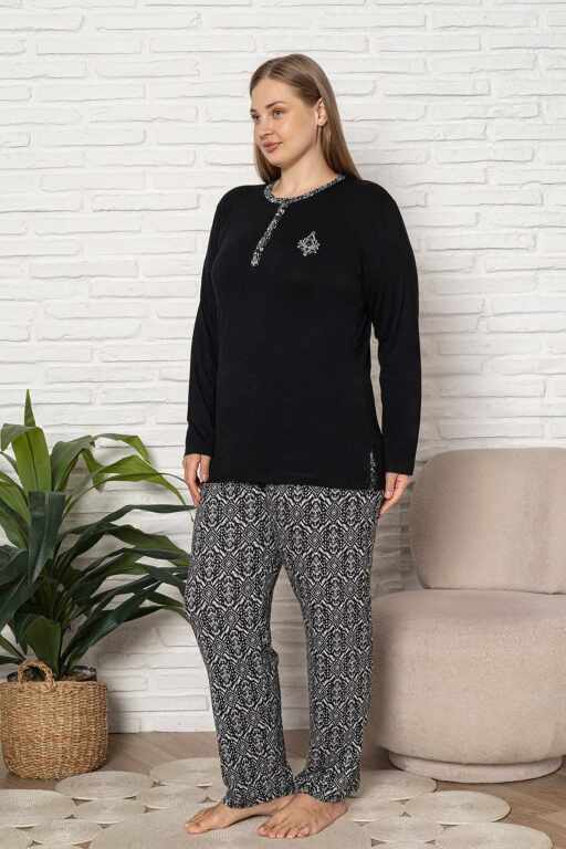 Büyük Beden Kadın Pijama Takımı - Siyah Etnik Desen Uzun Kol Likralı Kumaş 2923UYB - 4