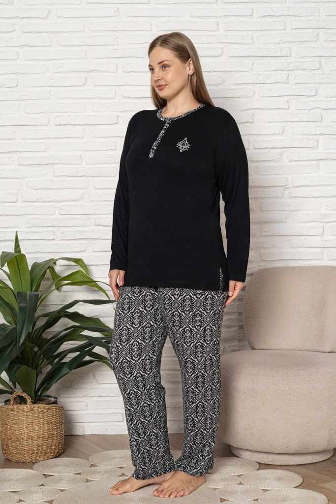 Büyük Beden Kadın Pijama Takımı - Siyah Etnik Desen Uzun Kol Likralı Kumaş 2923UYB - 4