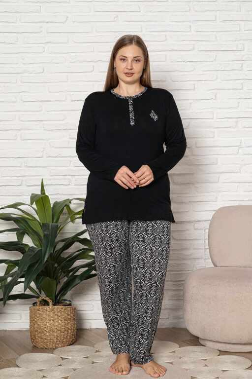 Büyük Beden Kadın Pijama Takımı - Siyah Etnik Desen Uzun Kol Likralı Kumaş 2923UYB - Alimer