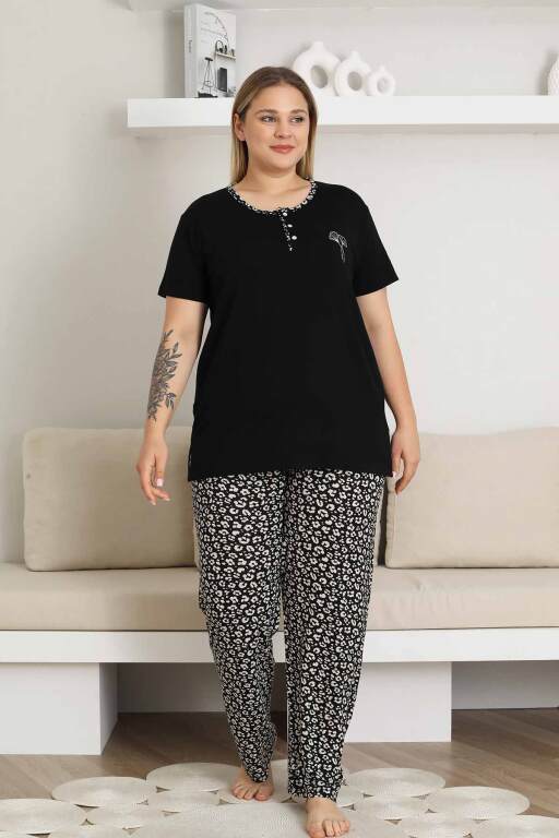 Büyük Beden Kadın Pijama Takımı - Siyah Kısa Kol Likralı 2857KYB - Alimer