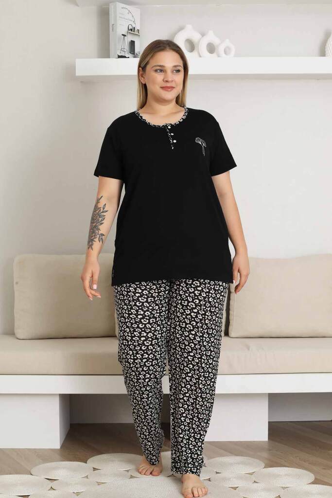 Büyük Beden Kadın Pijama Takımı - Siyah Kısa Kol Likralı 2857KYB - 1