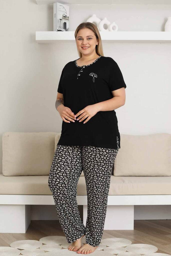 Büyük Beden Kadın Pijama Takımı - Siyah Kısa Kol Likralı 2857KYB - 2