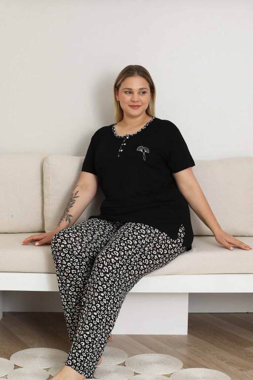 Büyük Beden Kadın Pijama Takımı - Siyah Kısa Kol Likralı 2857KYB - 3