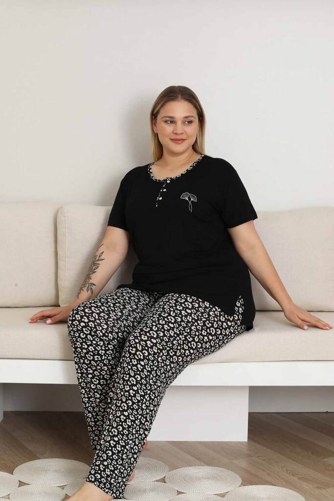 Büyük Beden Kadın Pijama Takımı - Siyah Kısa Kol Likralı 2857KYB - 3