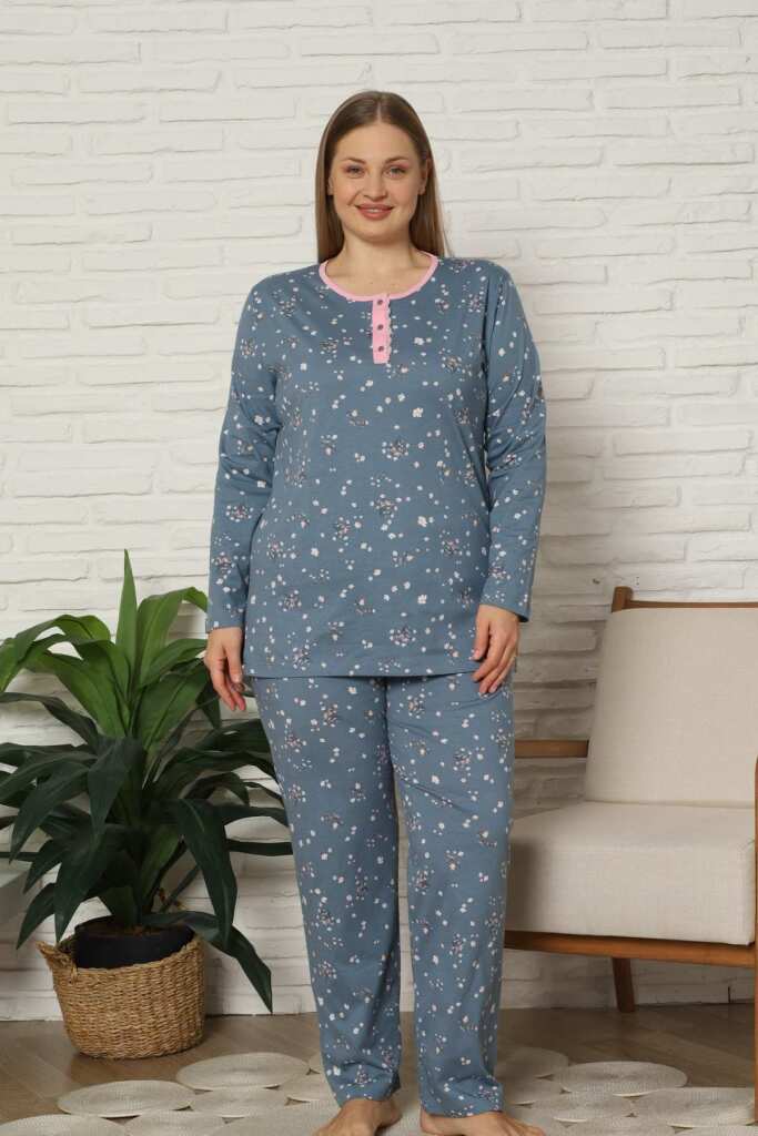 Büyük Beden Kadın Pijama Takımı - Çiçek Desenli Uzun Kollu Penye 2808UYB - 1