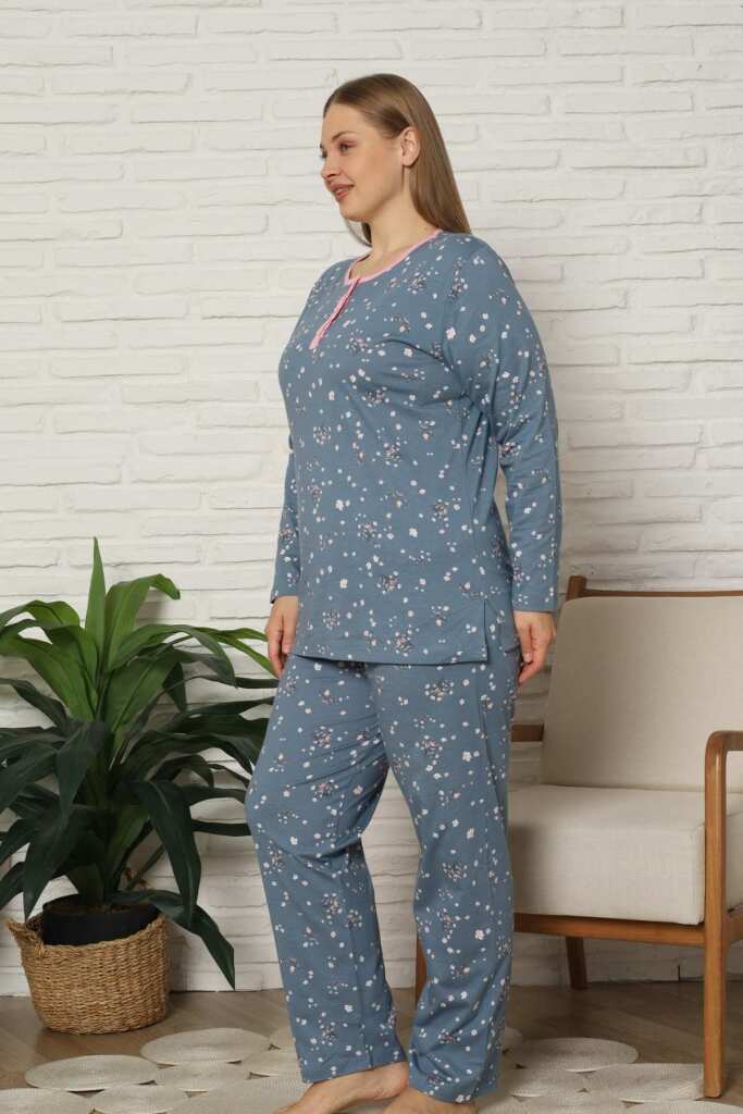 Büyük Beden Kadın Pijama Takımı - Çiçek Desenli Uzun Kollu Penye 2808UYB - 3