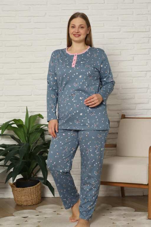 Büyük Beden Kadın Pijama Takımı - Çiçek Desenli Uzun Kollu Penye 2808UYB - 4