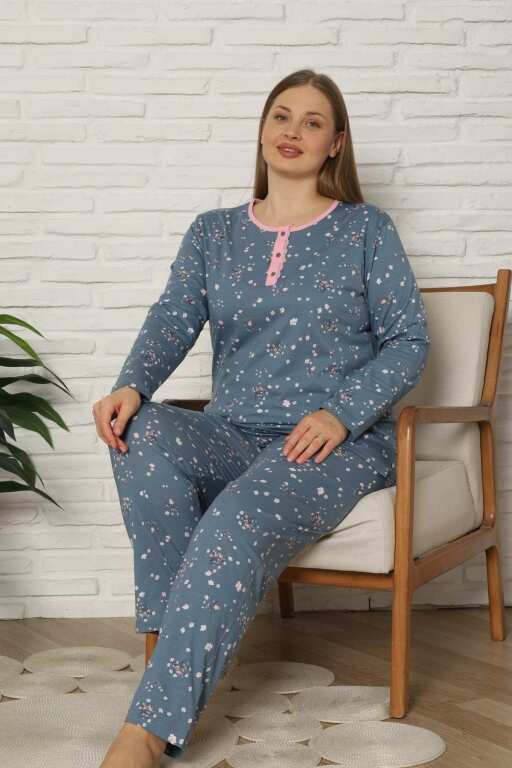Büyük Beden Kadın Pijama Takımı - Çiçek Desenli Uzun Kollu Penye 2808UYB - Alimer (1)