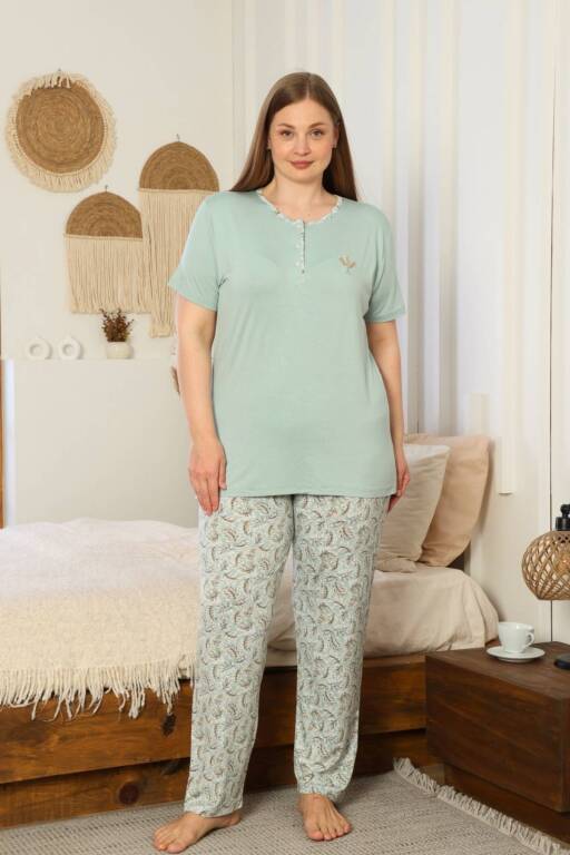 Büyük Beden Kadın Pijama Takımı - Yeşil Kısa Kollu Likralı 2874KYB - 3