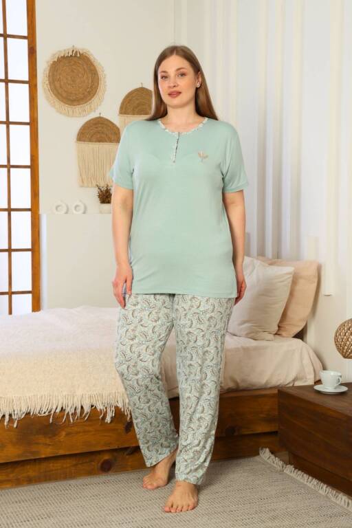 Büyük Beden Kadın Pijama Takımı - Yeşil Kısa Kollu Likralı 2874KYB - 4