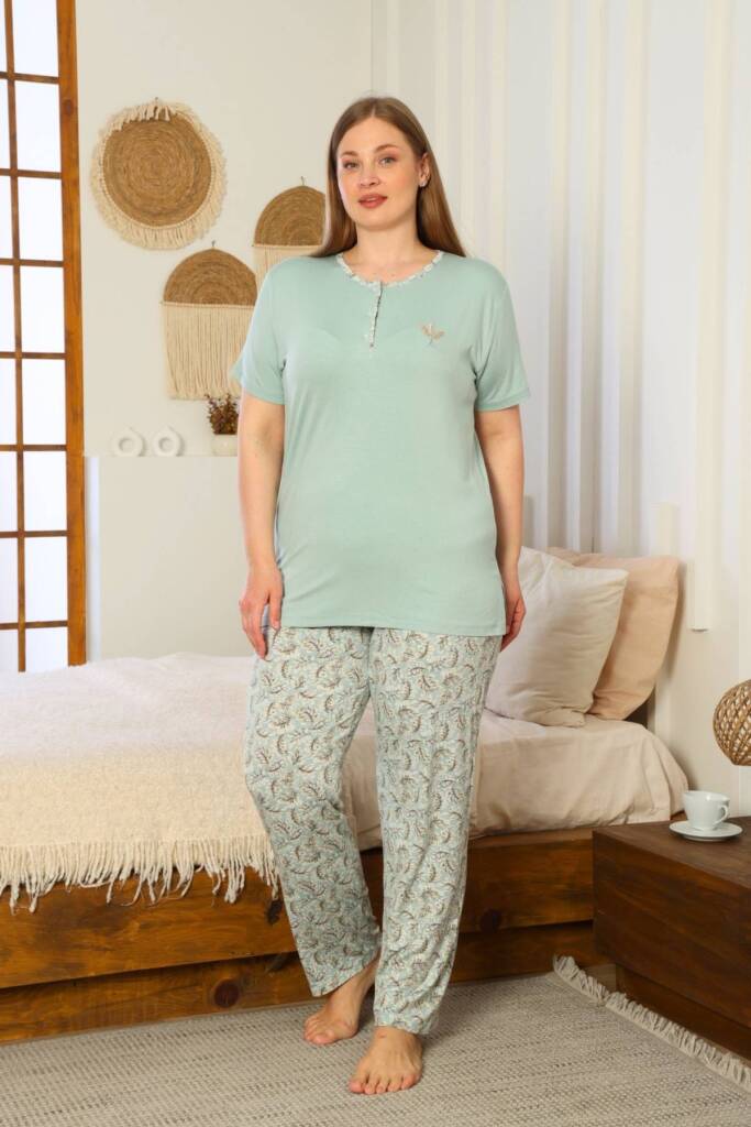 Büyük Beden Kadın Pijama Takımı - Yeşil Kısa Kollu Likralı 2874KYB - 4