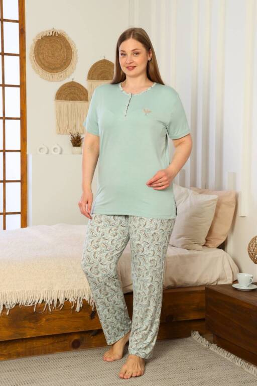 Büyük Beden Kadın Pijama Takımı - Yeşil Kısa Kollu Likralı 2874KYB - Alimer