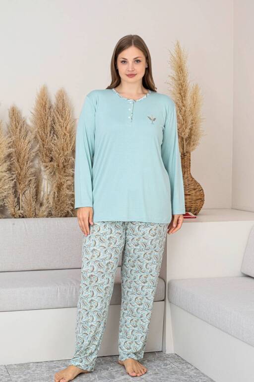 Büyük Beden Kadın Pijama Takımı - Yeşil Uzun Kollu Likralı 2874UYB - Alimer (1)