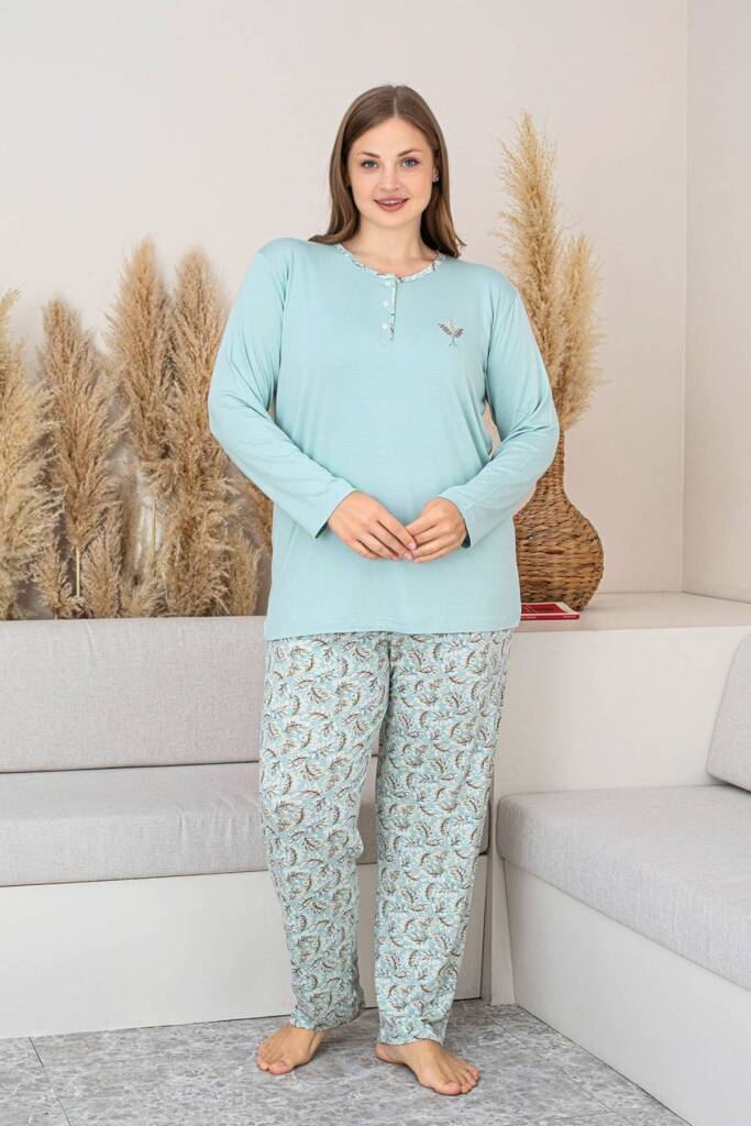 Büyük Beden Kadın Pijama Takımı - Yeşil Uzun Kollu Likralı 2874UYB - 3