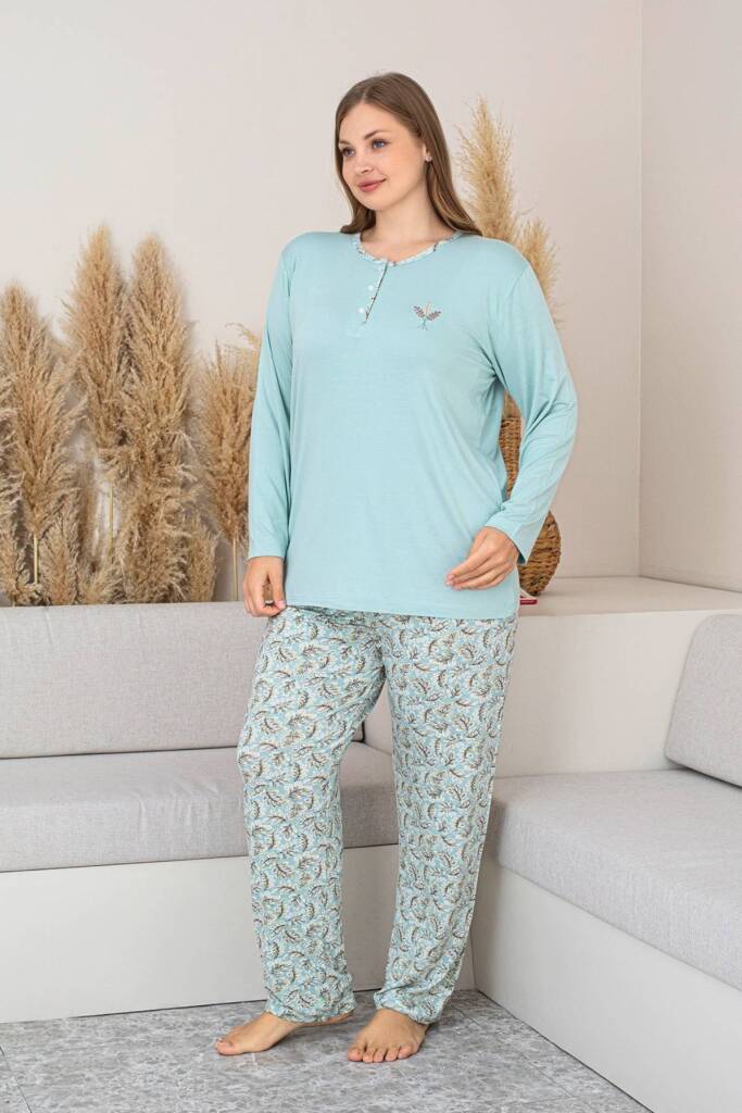 Büyük Beden Kadın Pijama Takımı - Yeşil Uzun Kollu Likralı 2874UYB - 1