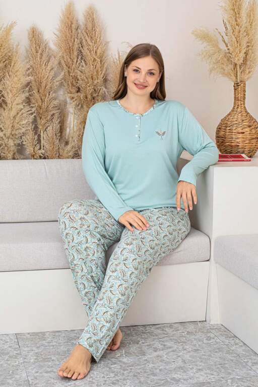 Büyük Beden Kadın Pijama Takımı - Yeşil Uzun Kollu Likralı 2874UYB - 4