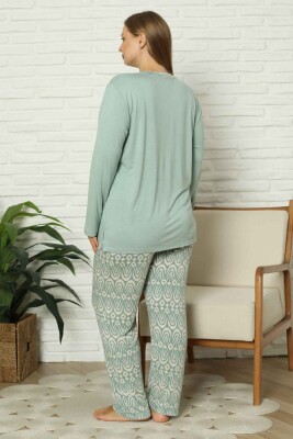 Büyük Beden Kadın Pijama Takımı - Yeşil V Yaka Uzun Kollu Likralı Kumaş 2824UYB - 5
