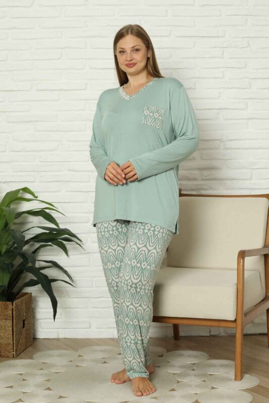 Büyük Beden Kadın Pijama Takımı - Yeşil V Yaka Uzun Kollu Likralı Kumaş 2824UYB - 3