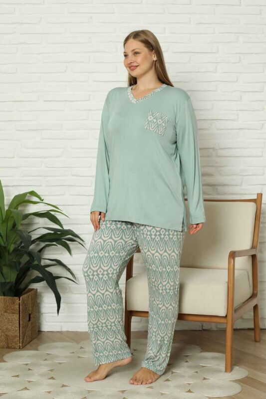 Büyük Beden Kadın Pijama Takımı - Yeşil V Yaka Uzun Kollu Likralı Kumaş 2824UYB - 4
