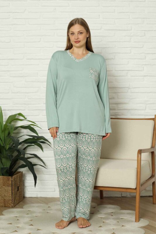 Büyük Beden Kadın Pijama Takımı - Yeşil V Yaka Uzun Kollu Likralı Kumaş 2824UYB - 1