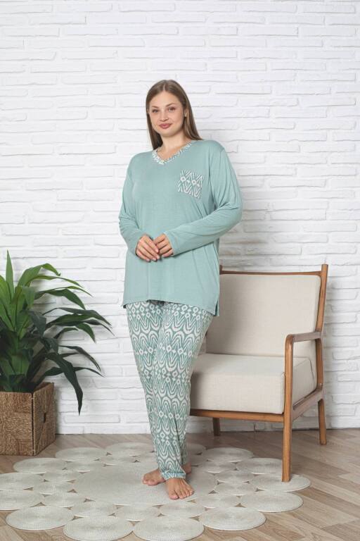 Büyük Beden Kadın Pijama Takımı - Yeşil V Yaka Uzun Kollu Likralı Kumaş 2824UYB - 4