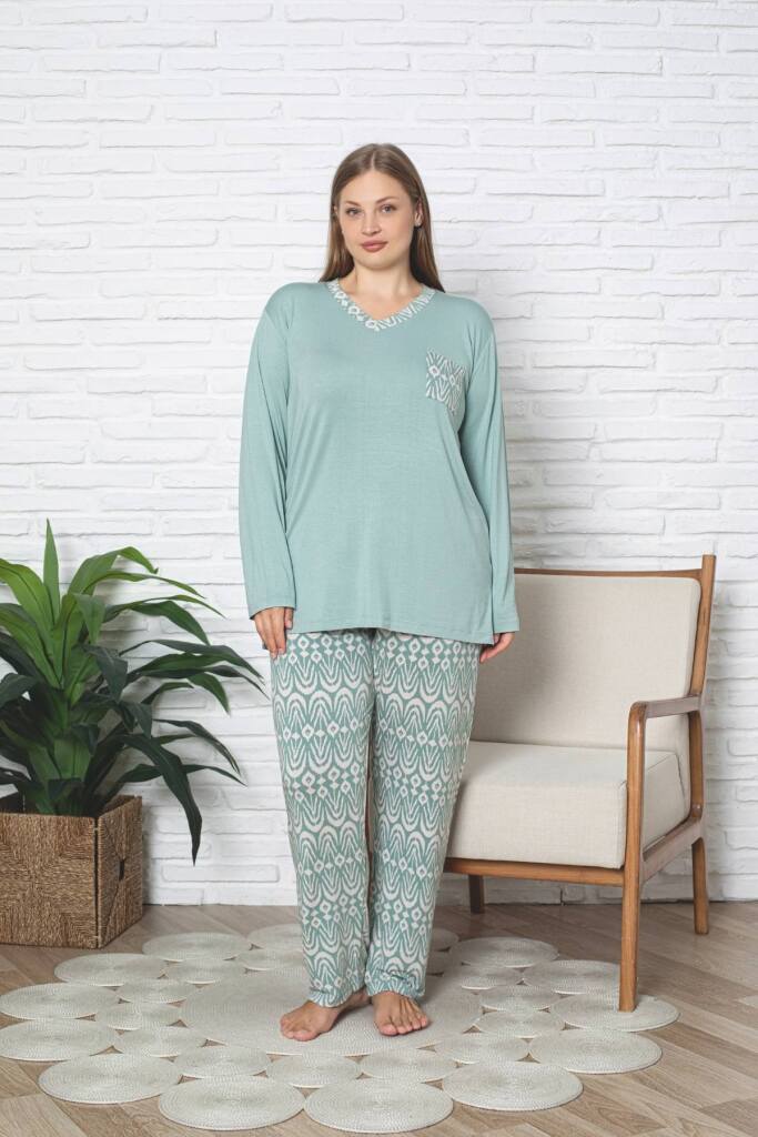 Büyük Beden Kadın Pijama Takımı - Yeşil V Yaka Uzun Kollu Likralı Kumaş 2824UYB - 1