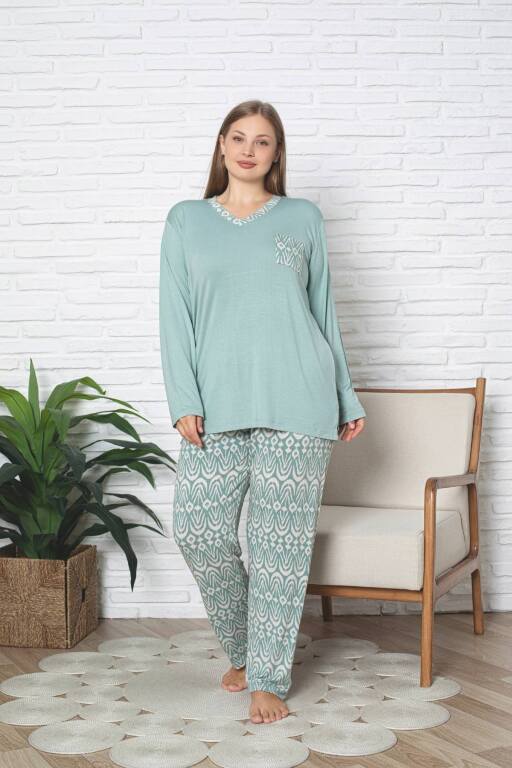 Büyük Beden Kadın Pijama Takımı - Yeşil V Yaka Uzun Kollu Likralı Kumaş 2824UYB - 3