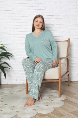 Büyük Beden Kadın Pijama Takımı - Yeşil V Yaka Uzun Kollu Likralı Kumaş 2824UYB - Alimer (1)