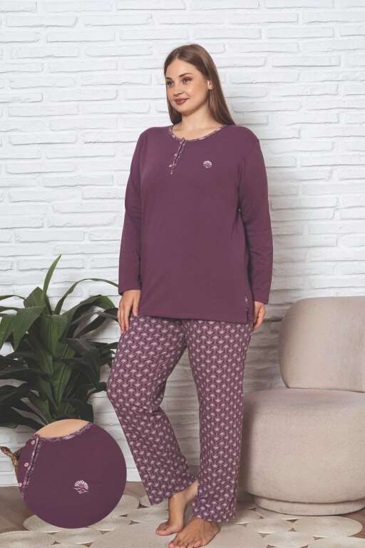 Büyük Beden Kadın Pijama Takımı - Gülkurusu Likralı Pamuk 2890UKBL - 1