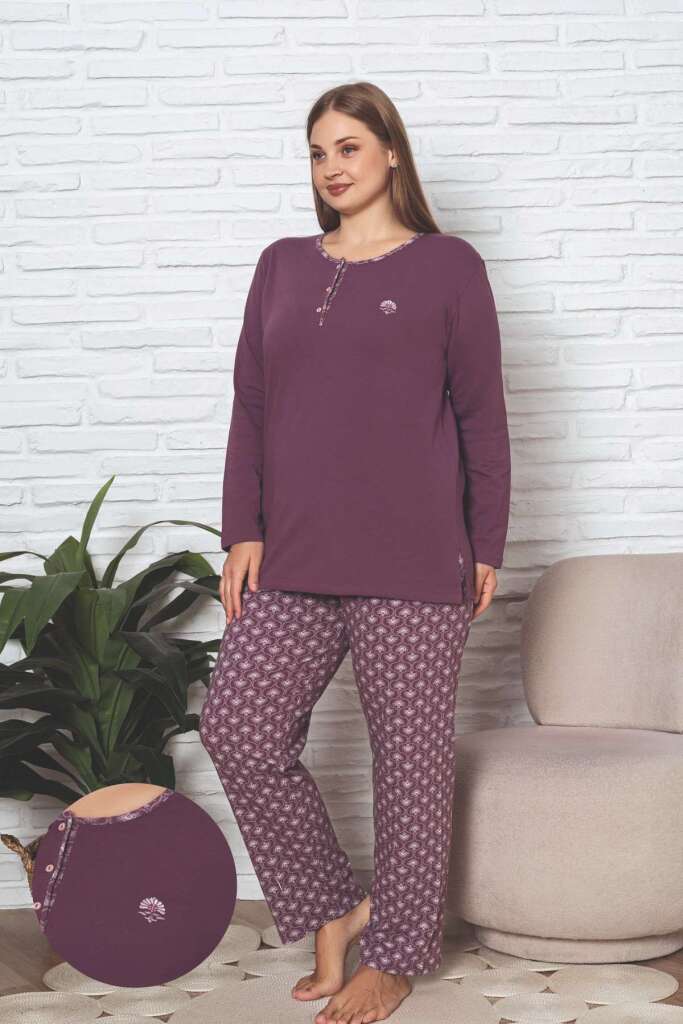 Büyük Beden Kadın Pijama Takımı - Gülkurusu Likralı Pamuk 2890UKBL - 1